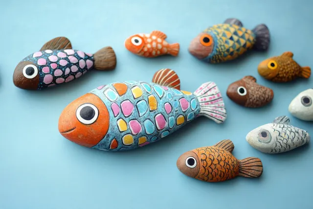 Handmade stone fish craft arranged on sky blue background with colorful mosaic scales