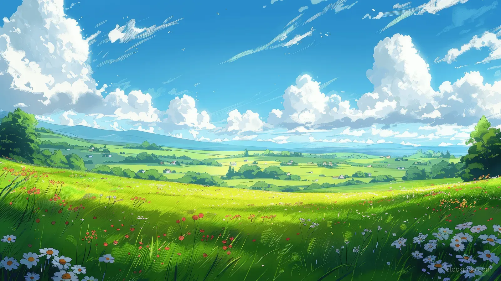 Cartoon green meadow packed with wildflowers stretches across rolling hills beneath a bright blue sky with white clouds.