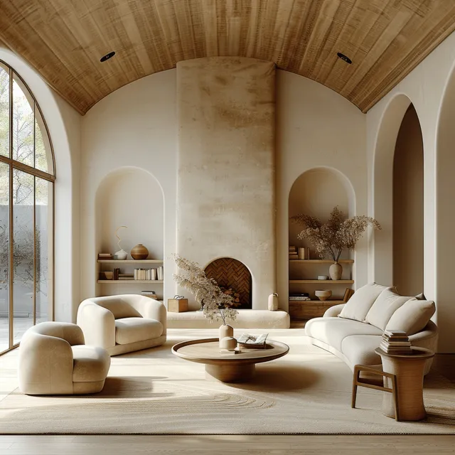 Minimalist living room with arched ceiling, fireplace, neutral seating, and soft daylight from large windows.