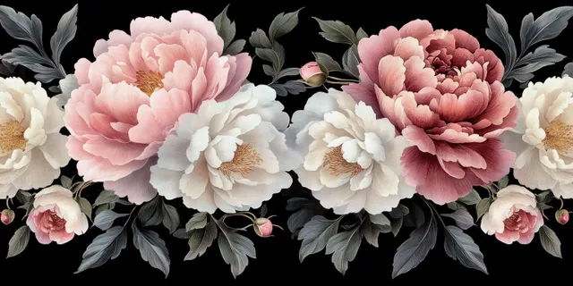 Vintage peony and rose floral border with dark watercolor leaves for seamless pattern
