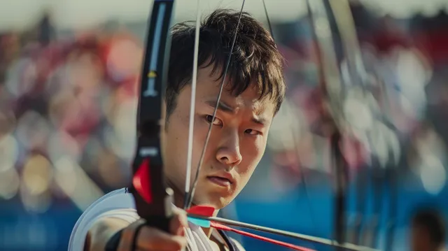 A South Korean archer draws the bowstring while aiming at the target in a crowded stadium.