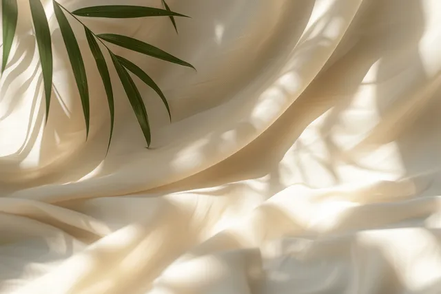 Beige satin fabric with palm leaf shadows, sunbeams across soft draped folds