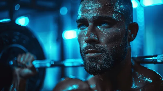 Muscular shirtless man performs a barbell snatch in a neon-lit gym, focused expression
