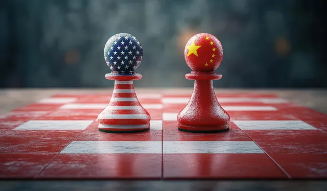 USA-flag and China-flag chess pawns face each other on a red chessboard under dramatic lighting.