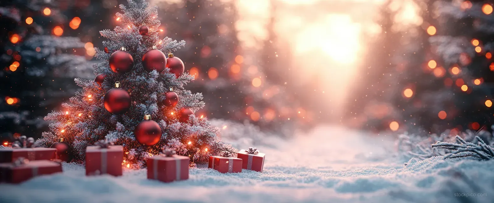 Snowy Christmas tree with red ornaments and gift boxes glowing in warm bokeh light.