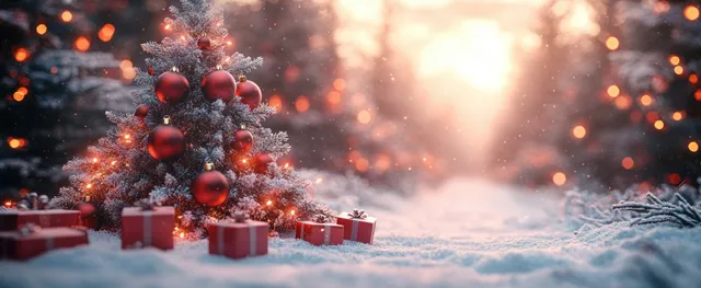 Snowy Christmas tree with red ornaments and gift boxes glowing in warm bokeh light.