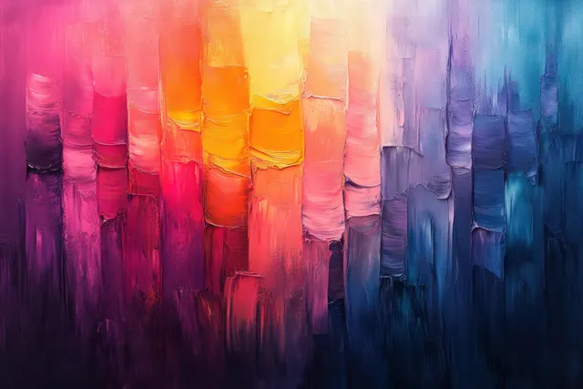 Abstract holographic paint streaks in pink, orange, and blue with shimmering light reflections.