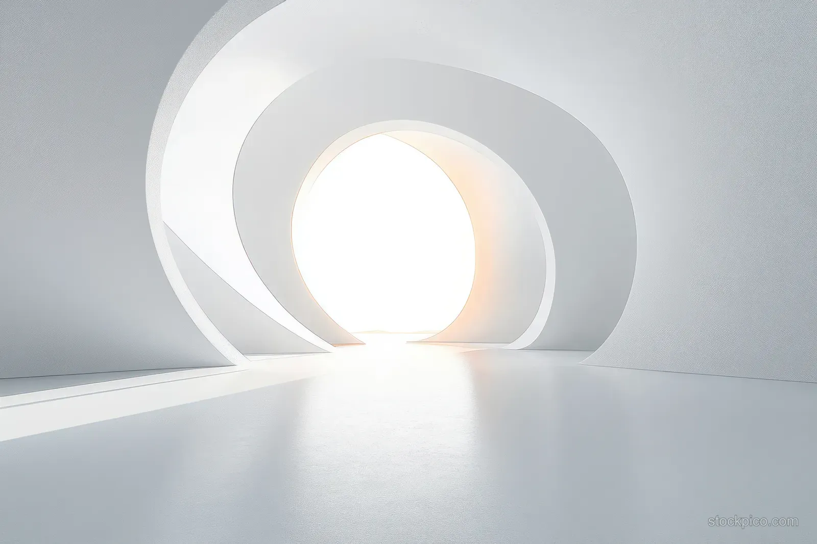 Minimalist indoor corridor with glowing circular arches and soft light reflecting across a clean floor.