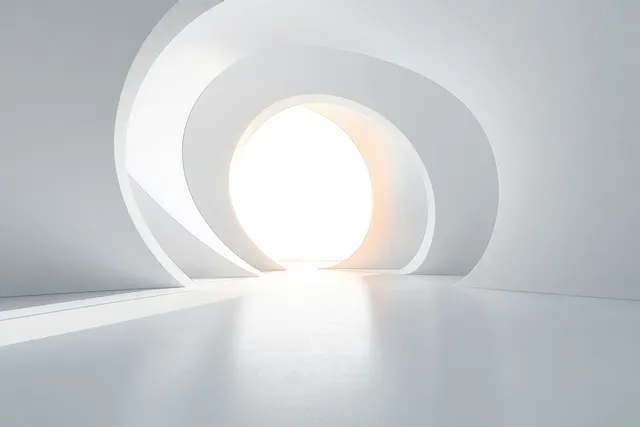 Futuristic minimalist interior hallway with soft glowing circular openings and clean floor reflections