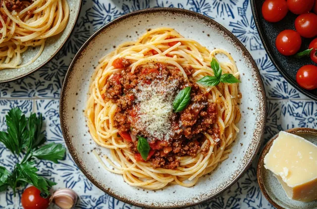 Spaghetti in a bowl topped with meat sauce, grated cheese, and basil beside tomatoes, garlic, parsley, and a cheese block.