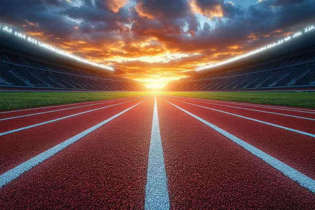 Athlete sprinting on a stadium track at sunset, captured in warm golden hour light with a sense of motion and energy.