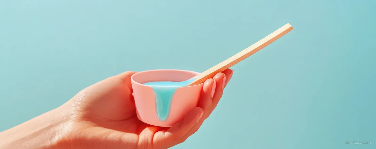 Hand holds a wooden depilation spatula with warm wax paste against a plain blue background.