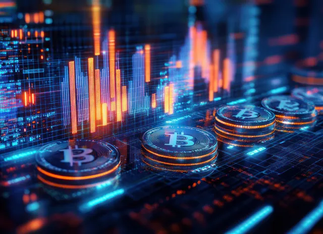 Bitcoin coins sit on a neon grid while a rising trading chart glows in the background.