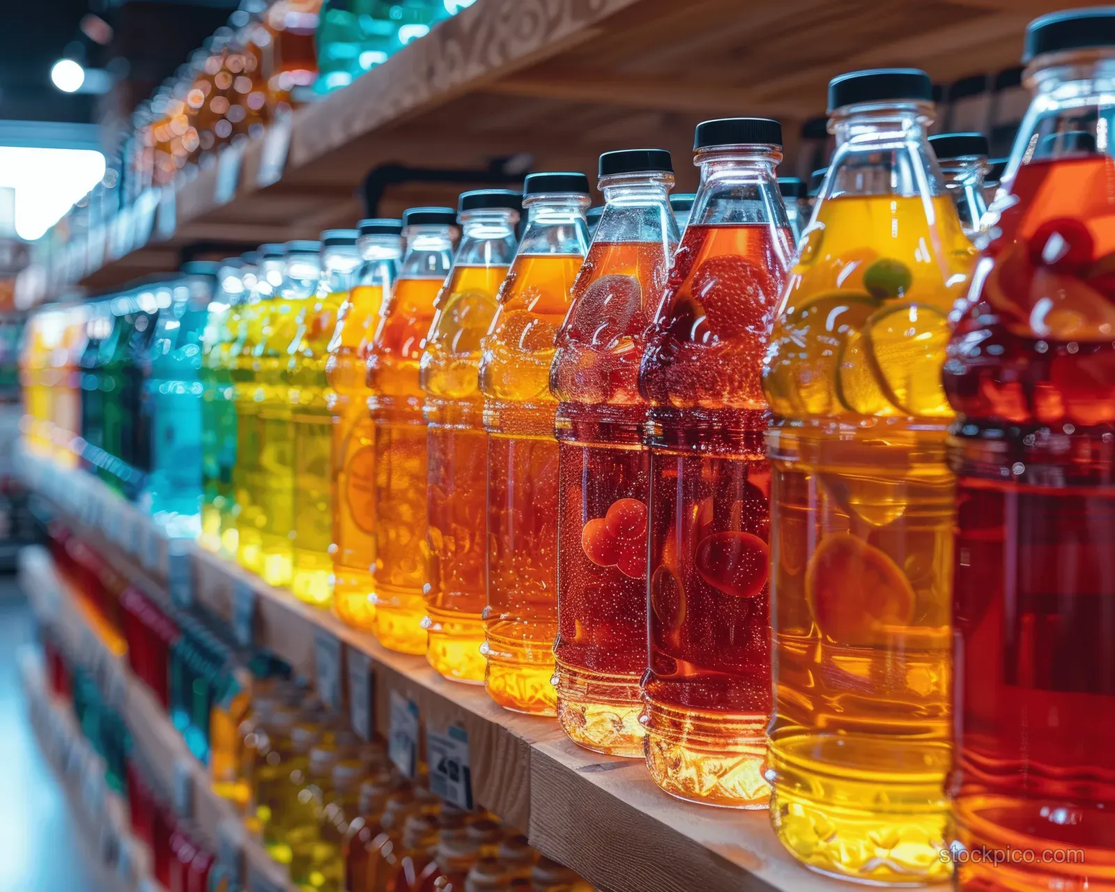 Colorful liquids in glass bottles are displayed in rows under bright exhibition lighting.