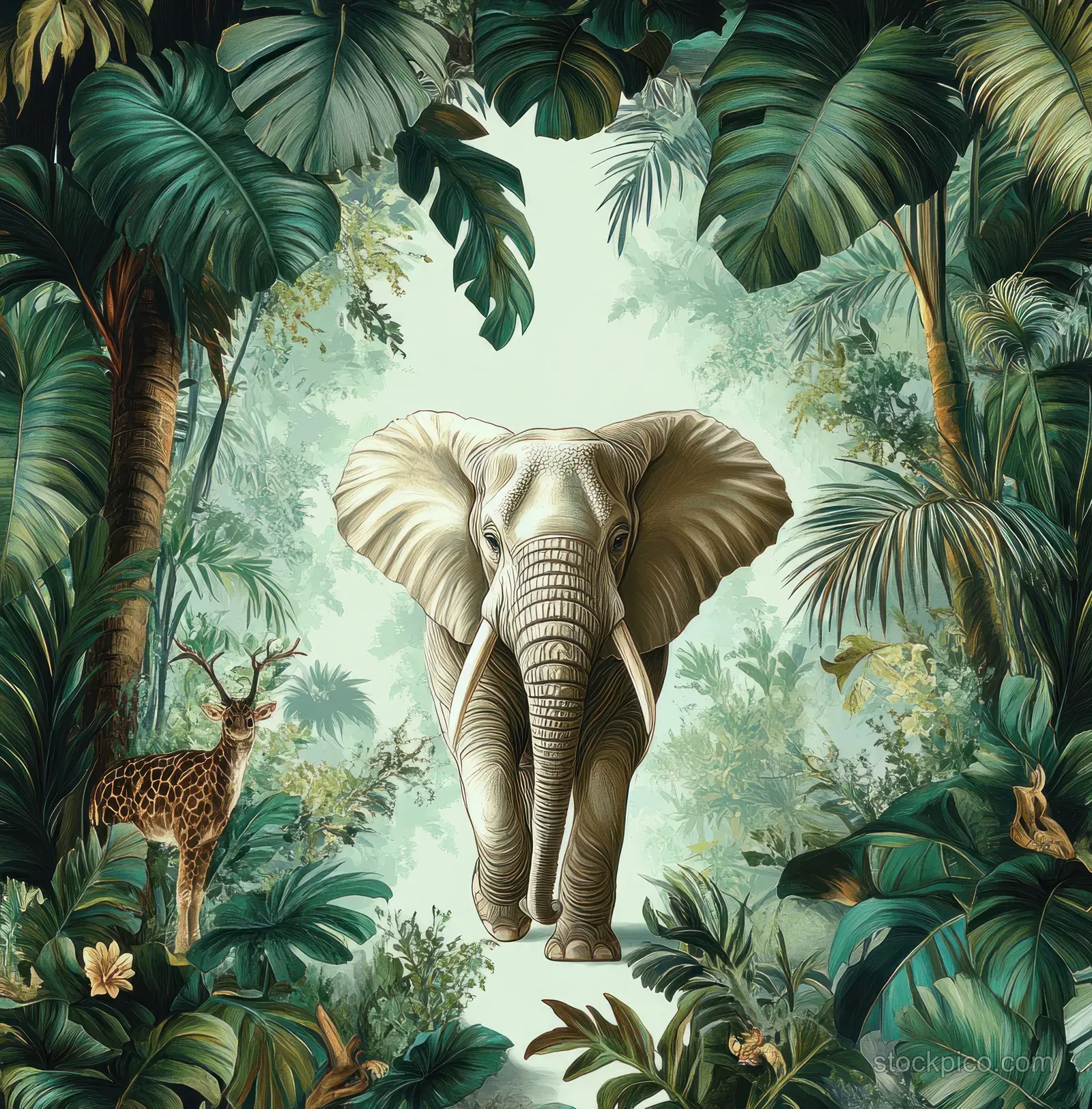 An illustrated elephant walking in a tropical jungle with surrounding palm and leafy foliage framing the scene.