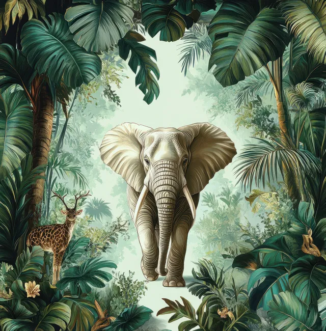 Elephant walking through tropical jungle framed by lush botanical leaves and arch.
