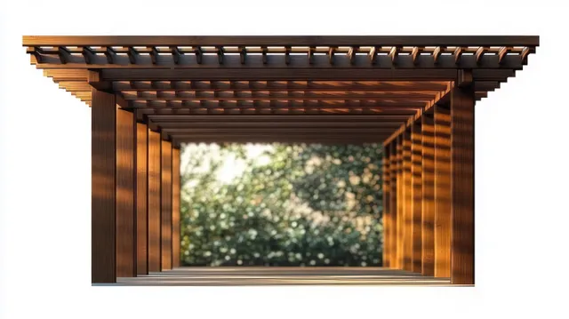 Wooden pergola beams cast striped shadows inside an open garden frame with blurred green foliage behind.