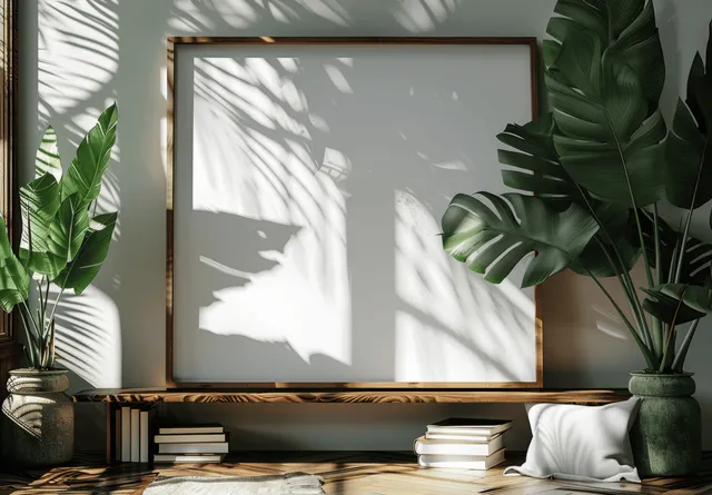 Empty wooden frame mockup on table with tropical leaves, bright summer interior light