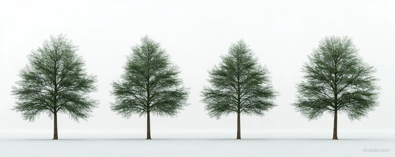 Four leafless trees stand in a row on a white background with soft shadows.