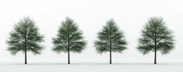 Four Quercus Palustris Trees on White Background with Soft Shadows