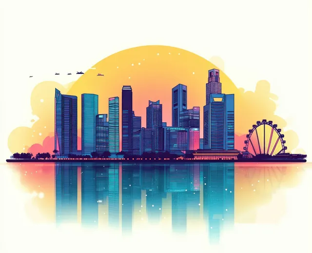 Futuristic Singapore skyline vector with pastel sunset glow and bold reflections
