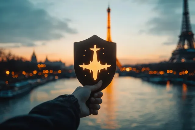 Hand holding shield with airplane silhouette at sunset over a lit river
