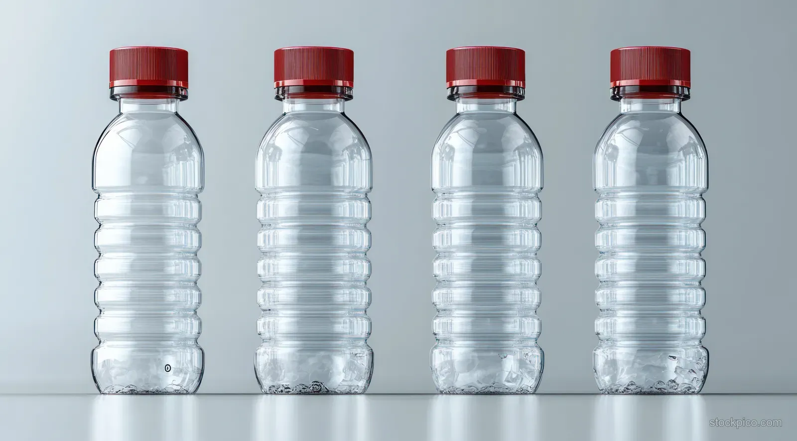 Four clear plastic water bottles with red caps stand in a row on a reflective surface against a light background.