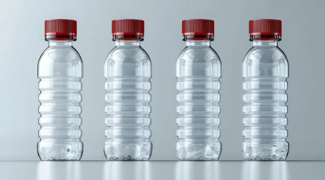 Four clear plastic water bottles with red caps stand in a row on a reflective surface against a light background.