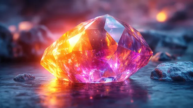 A glowing faceted crystal gem rests on wet rocks with fiery bokeh lights in the blurred background.