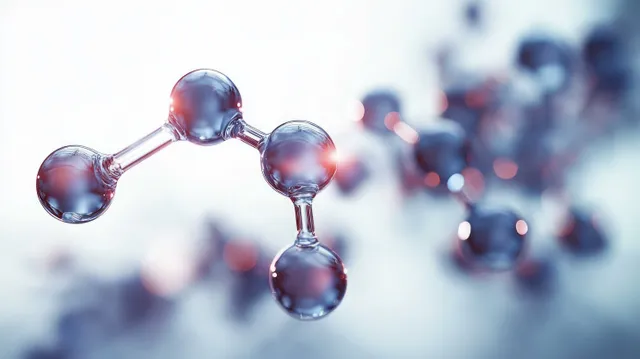 Glossy atom spheres linked by molecular bonds float over a blurred laboratory and biotech research backdrop.