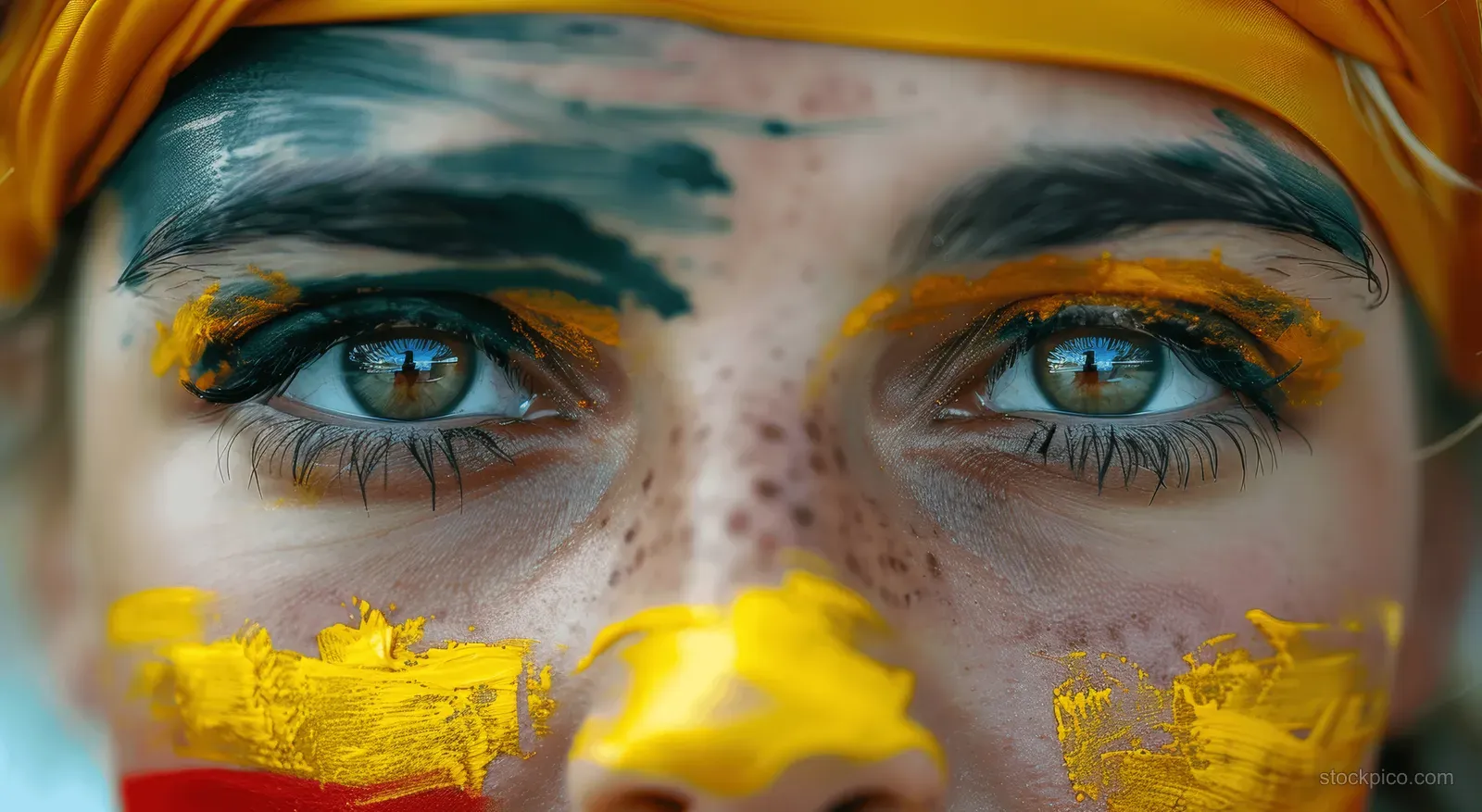 A German girl cheers with German flag face paint in a close-up portrait at a football match.