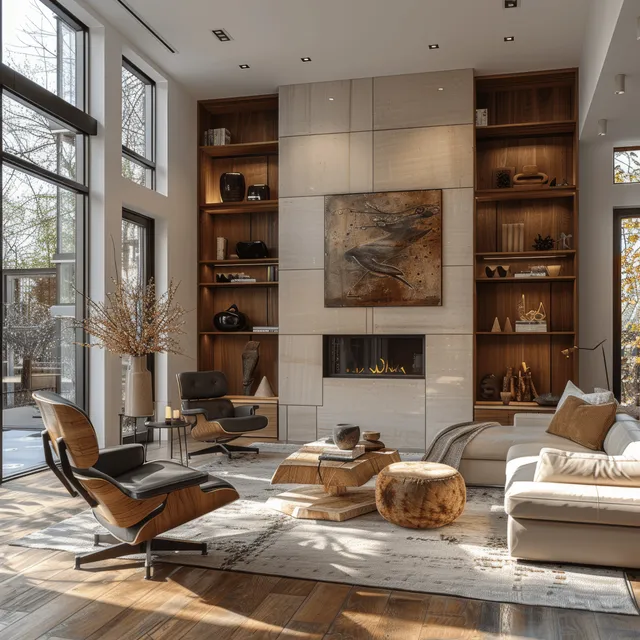 Leather armchair and grey sofa face a fireplace with built-in shelves in a modern living room lit by large windows.