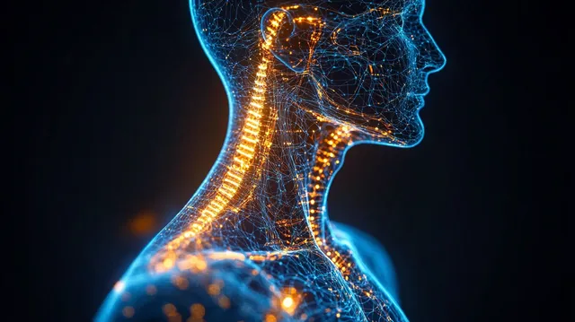Glowing neural network and spinal cord pathways traced on a profile human figure
