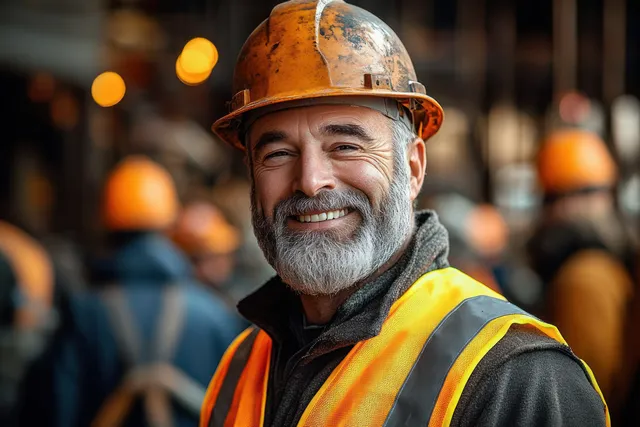 Smiling construction worker in an orange helmet and safety vest with blurred coworkers on an industrial job site.