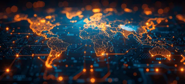 Glowing world map with network lines linking microchips and data nodes for global tech trade