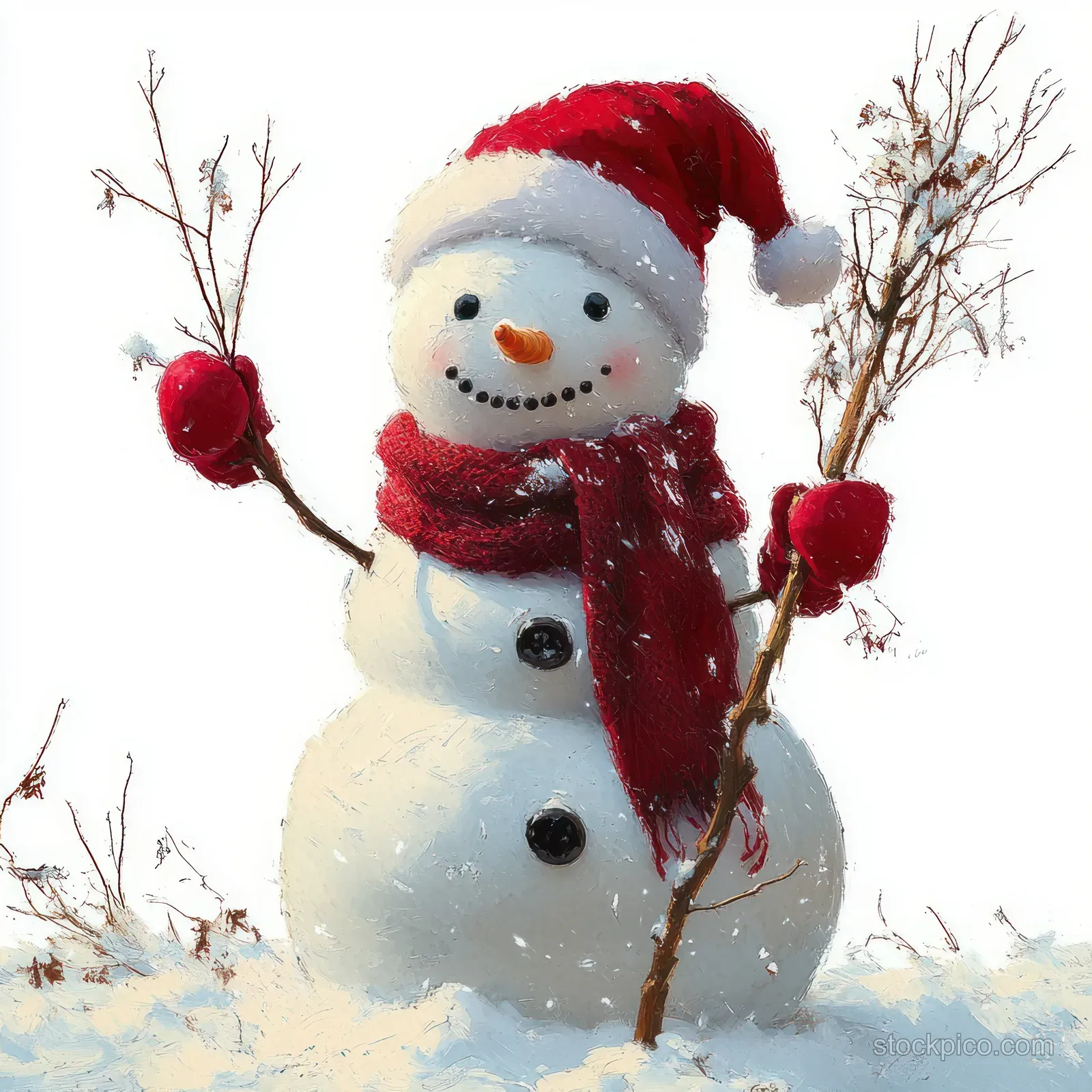 Cheerful snowman with carrot nose and coal eyes wearing a red hat and scarf holds snowy twigs in falling winter snow.