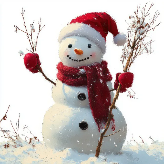 Cheerful snowman with carrot nose and coal eyes wearing a red hat and scarf holds snowy twigs in falling winter snow.