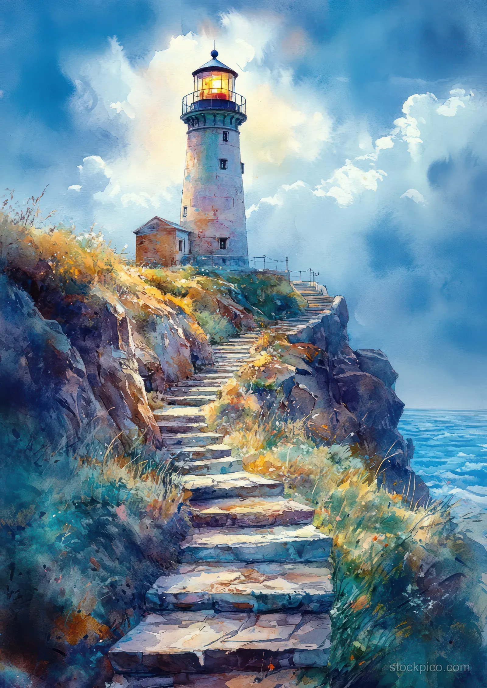 Watercolor painting of a lighthouse on a rocky coastal cliff with a winding stone path and ocean waves beneath a cloudy sky.