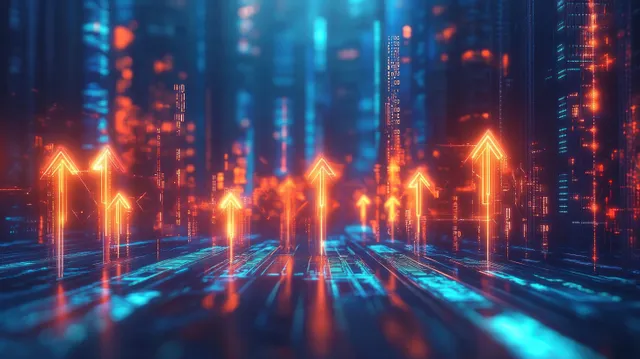 Neon upward arrows rise above a cyberpunk city skyline with glowing data streams and dramatic blue-orange lighting.