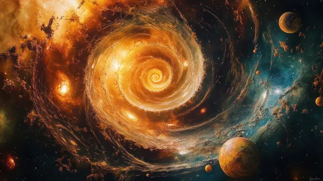 A glowing orange spiral galaxy surrounds several orbiting planets against a deep starry space background.