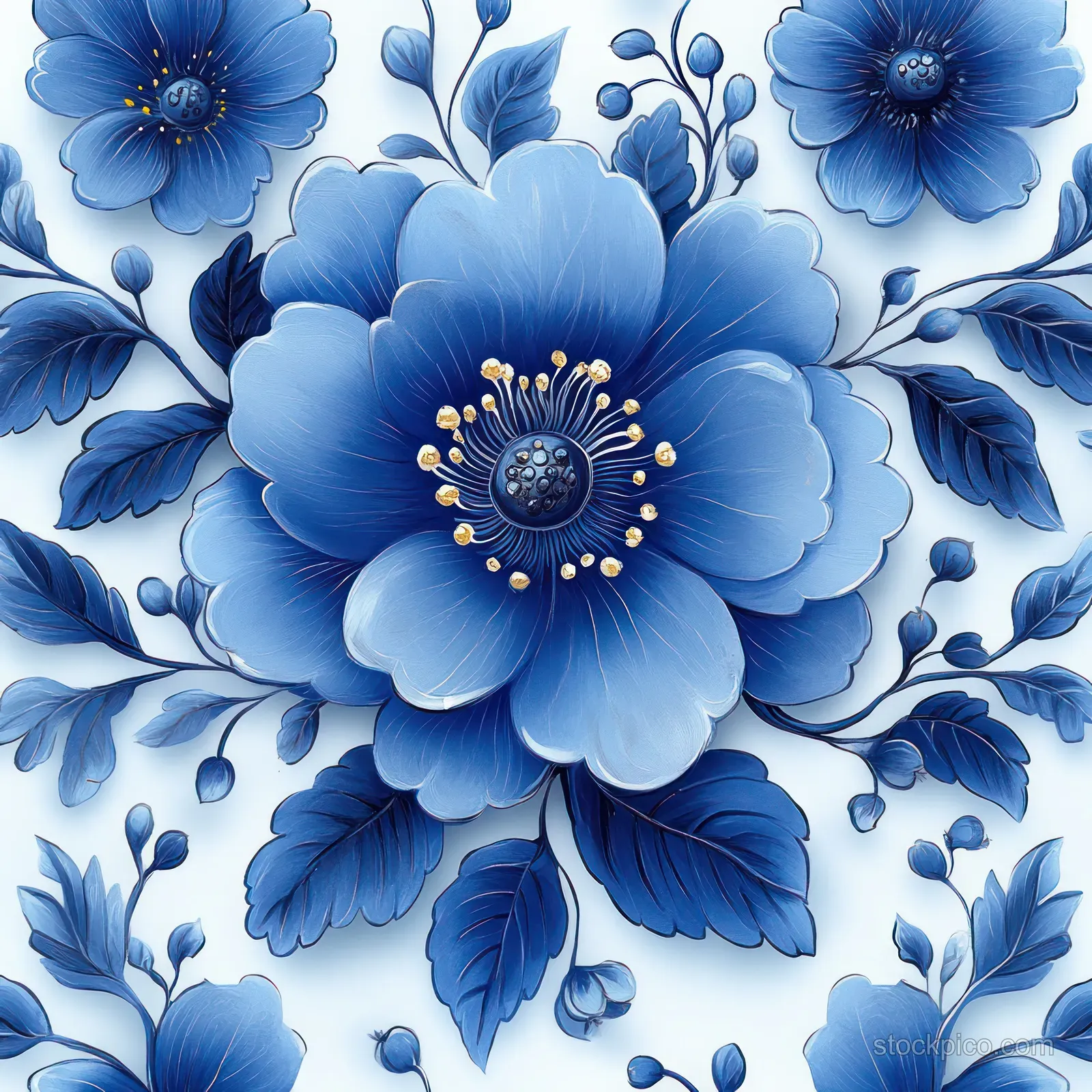 Seamless blue and white floral pattern with layered Delftware-style blossoms and leaves on a light background.