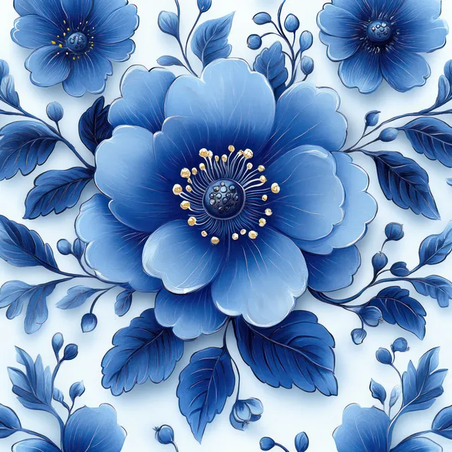 Seamless blue and white delft floral pattern with hand-painted blossoms and leaves with Textile And Wallpaper Patterns