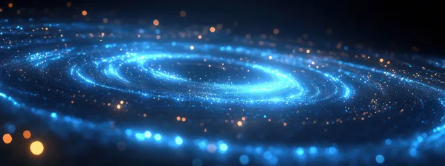 Blue glowing particle ring swirls across dark cosmic space with luminous light trails with Space Inspired Design