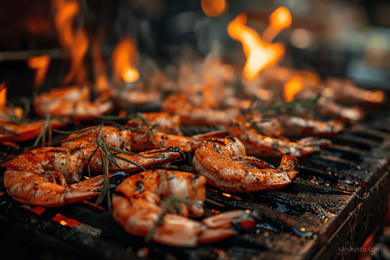 Shrimp sizzle on a hot grill with visible orange flames and smoky charred grill marks.