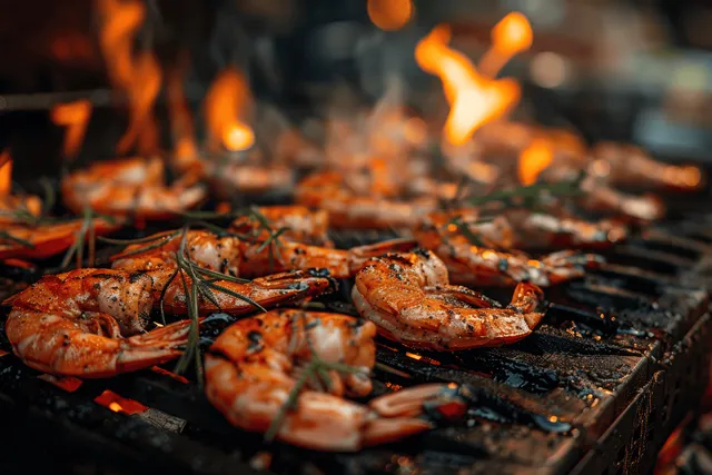 Grilled shrimp sizzling on a flaming grill, closeup with smoke and orange flames