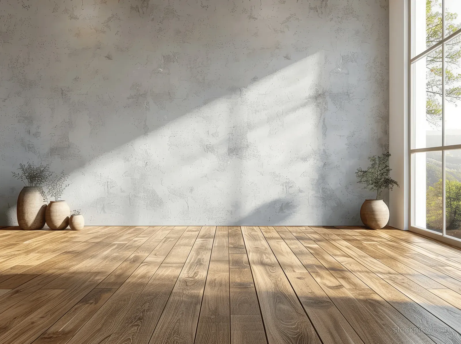 Empty room with light gray wall and wooden floor, lit by sunlight from a nearby window.