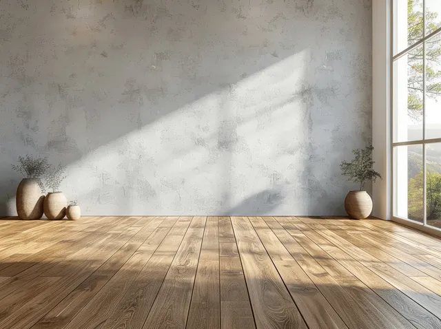 Empty minimal room with wooden floor, light gray textured wall, and window light