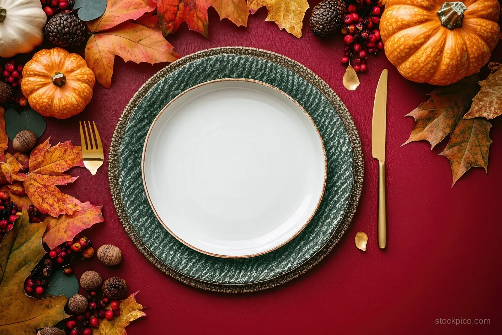 Top view of a Thanksgiving table setting with a white plate, gold cutlery, pumpkins, and autumn leaves.
