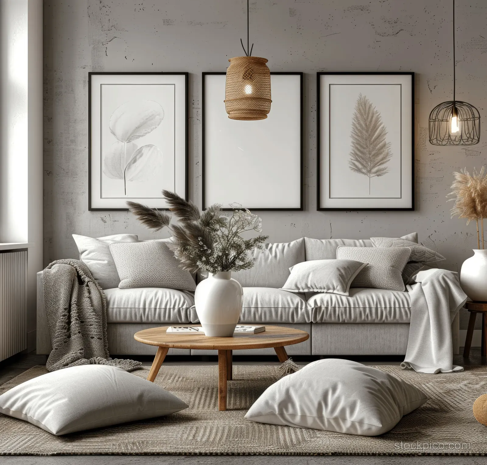 Gray sofa in a Scandinavian living room with black-framed botanical prints and a wooden coffee table with a vase.
