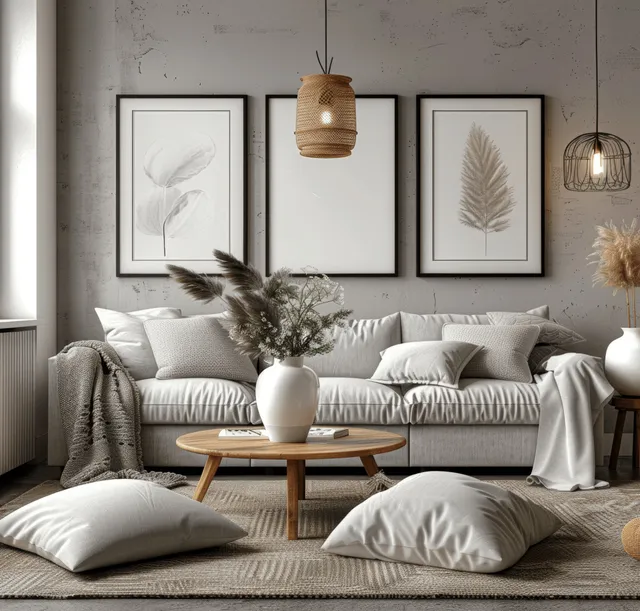 Gray sofa in a Scandinavian living room with black-framed botanical prints and a wooden coffee table with a vase.